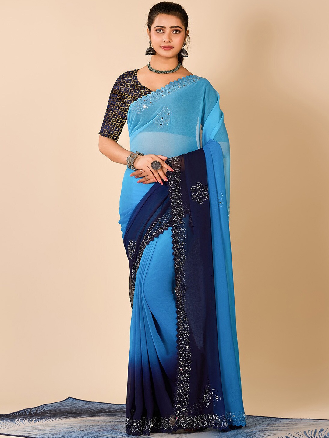 

NIRMAL CREATION Ombre Printed Beads and Stones Saree, Blue