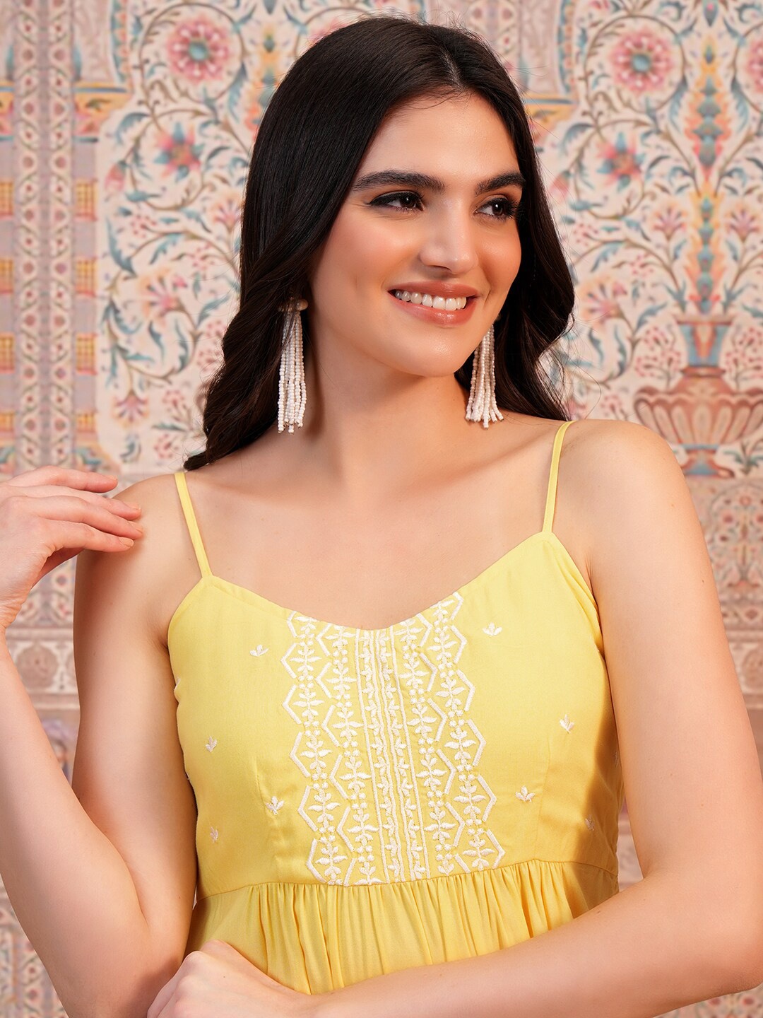 

Vishudh Ethnic Motifs Shoulder Strap Yoke Design Anarkali Kurta, Yellow