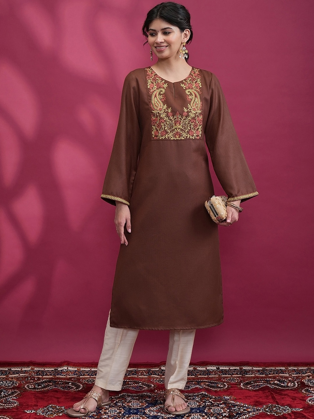 

Vishudh Embroidered Flared Sleeves Straight Thread Work Kurta, Brown