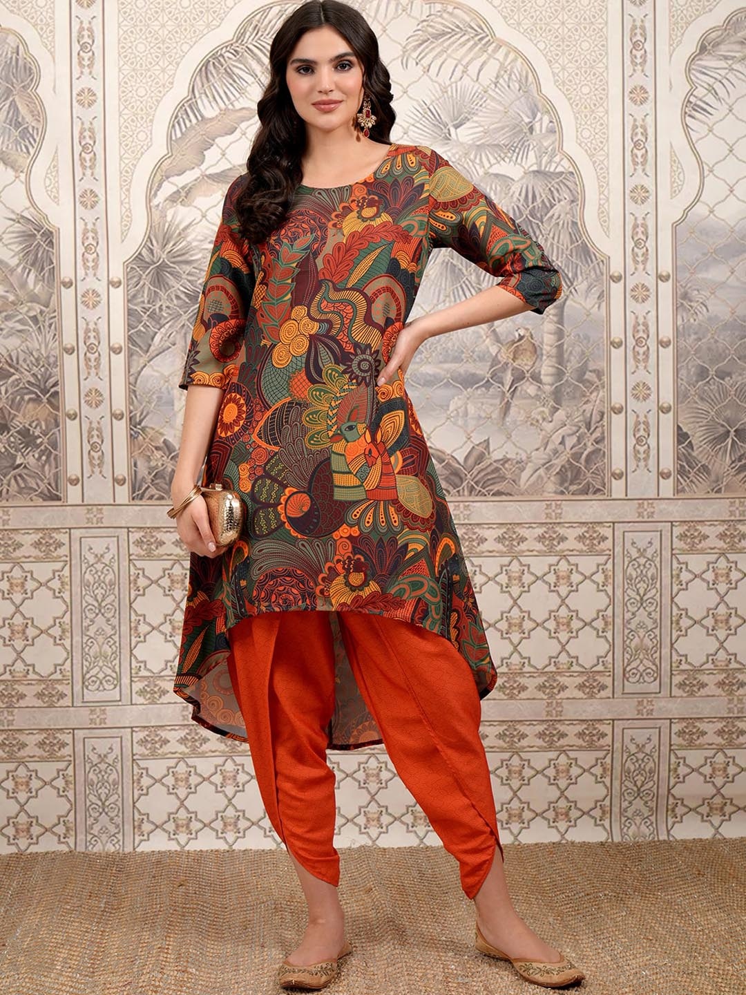 

Vishudh Women Floral Printed Regular Kurta with Dhoti Pants, Rust