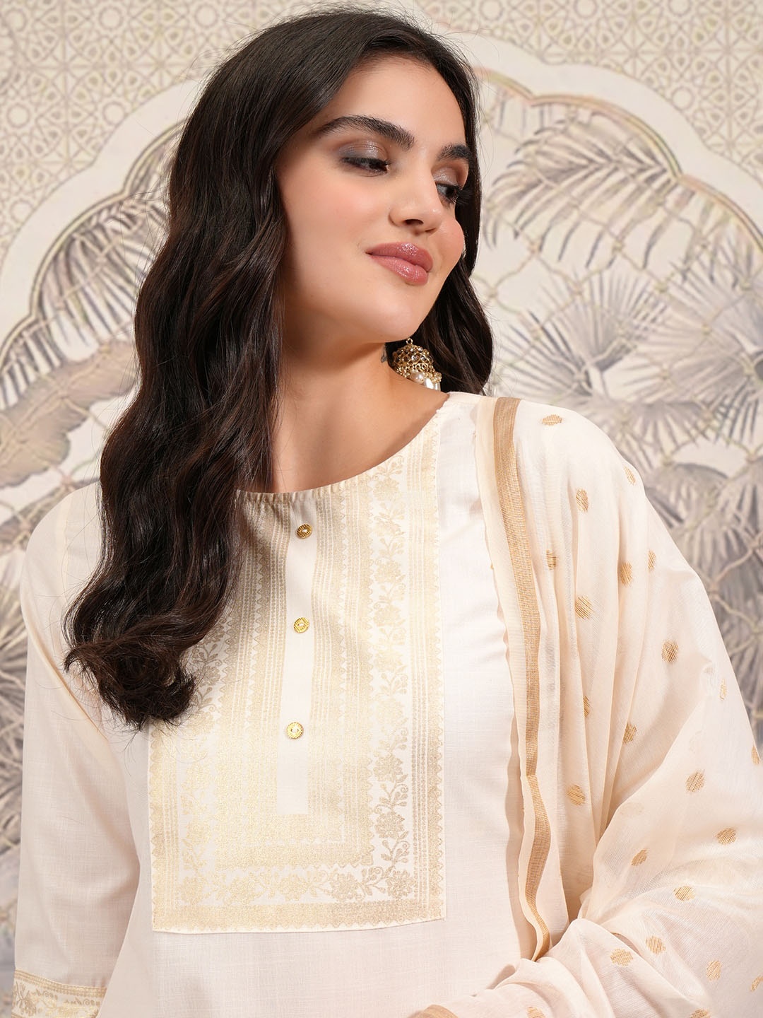 Vishudh Cream Ethnic Motifs Printed Kurta with Palazzo & Dupatta
