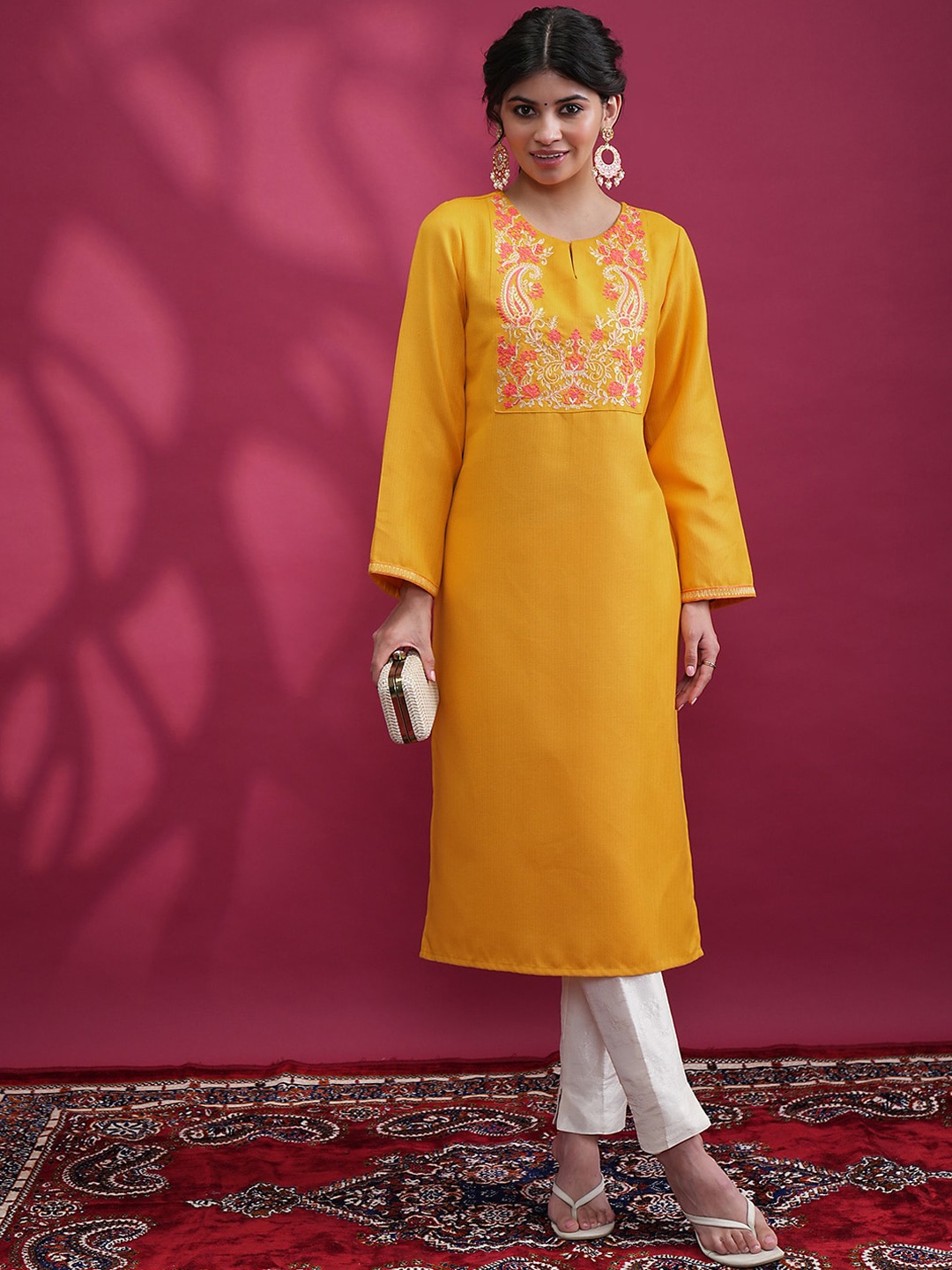 Vishudh Embroidered Flared Sleeves Thread Work Kurta, Yellow