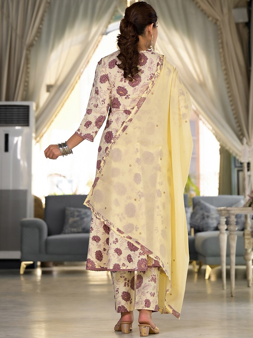 

Vishudh Cream Floral Printed Pure Cotton Kurta with Trouser & Dupatta