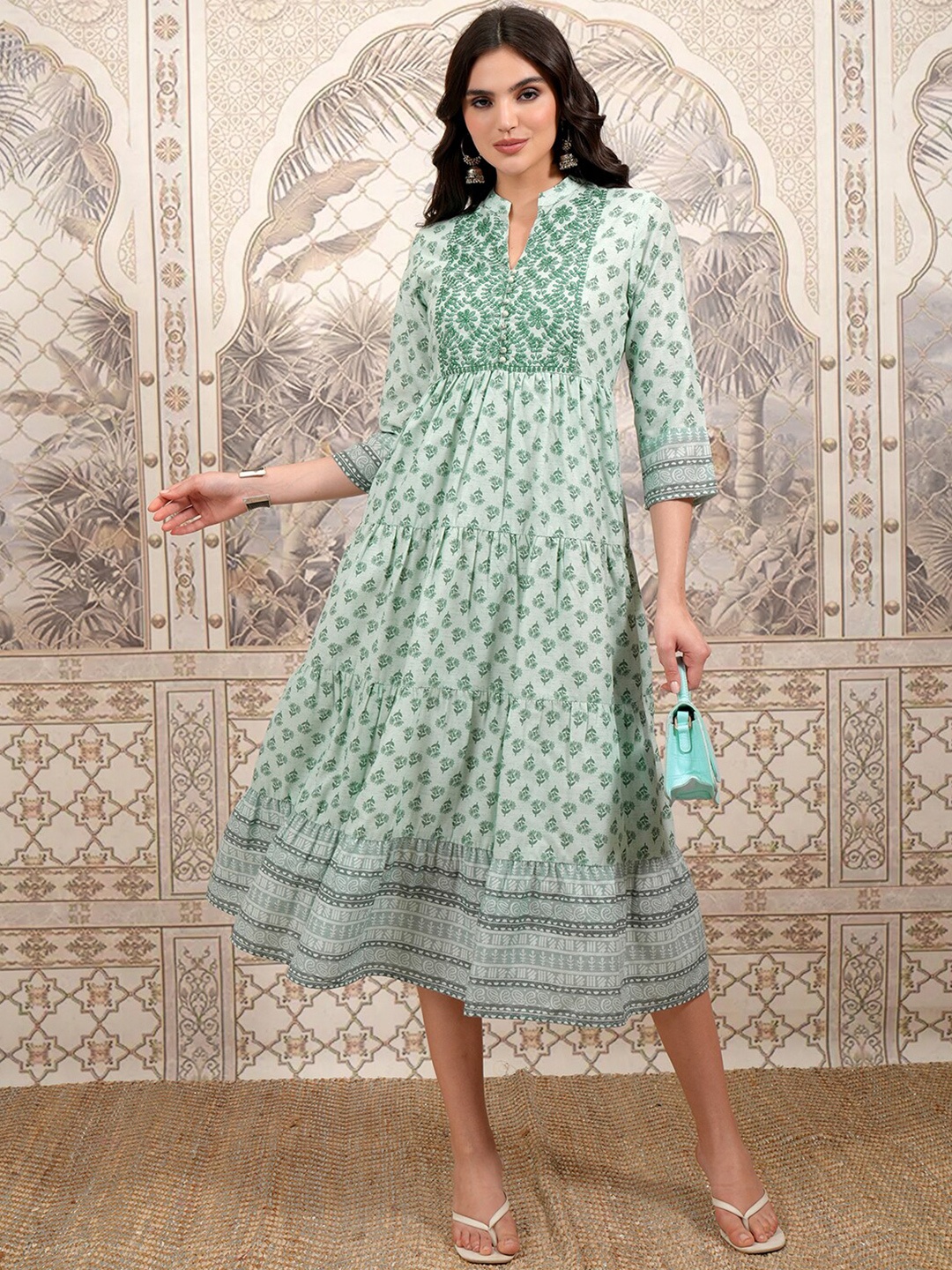 

Vishudh Green Floral Printed Mandarin Collar Embroidered Tiered Fit & Flare Ethnic Dress