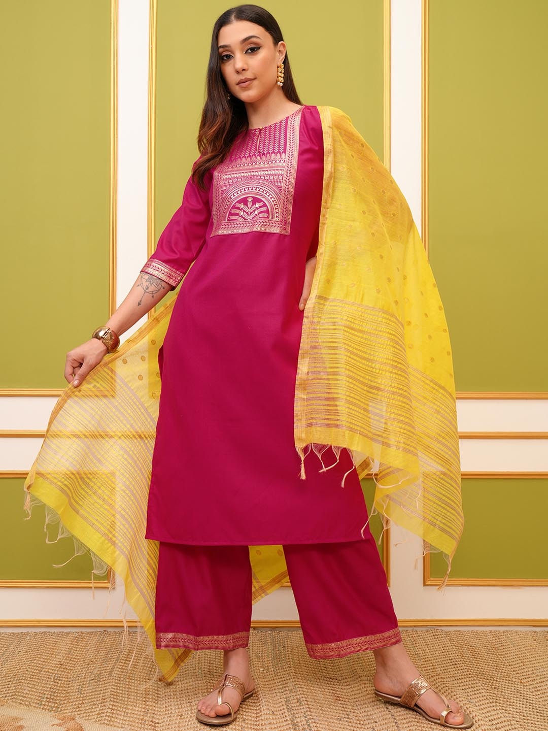 

Vishudh Women Ethnic Motifs Printed Regular Kurta with Palazzos & With Dupatta, Pink