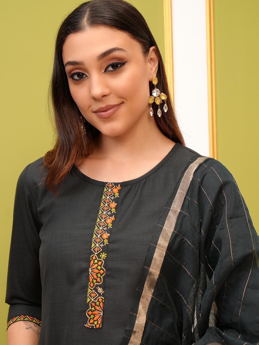 

Vishudh Green Embroidered Thread Work Kurta with Palazzo & Dupatta