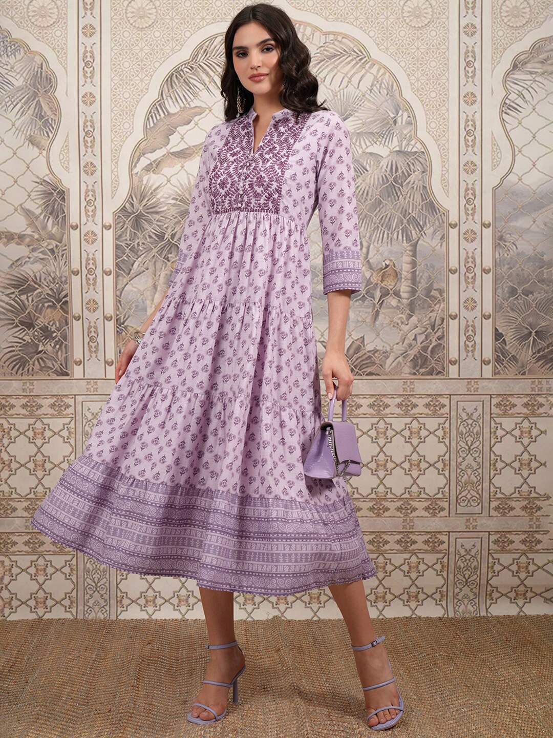 

Vishudh Purple Floral Printed Mandarin Collar Embroidered Tiered Fit & Flare Ethnic Dress
