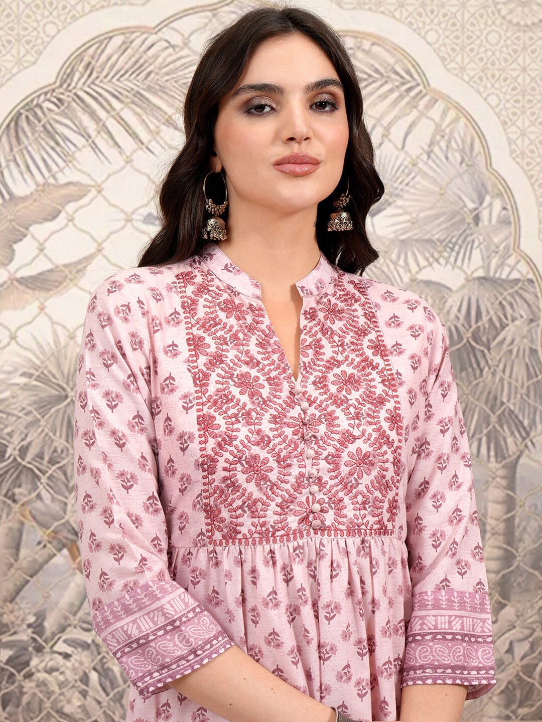 

Vishudh Pink Ethnic Motifs Printed Mandarin Collar Fit and Flare Midi Ethnic Dress
