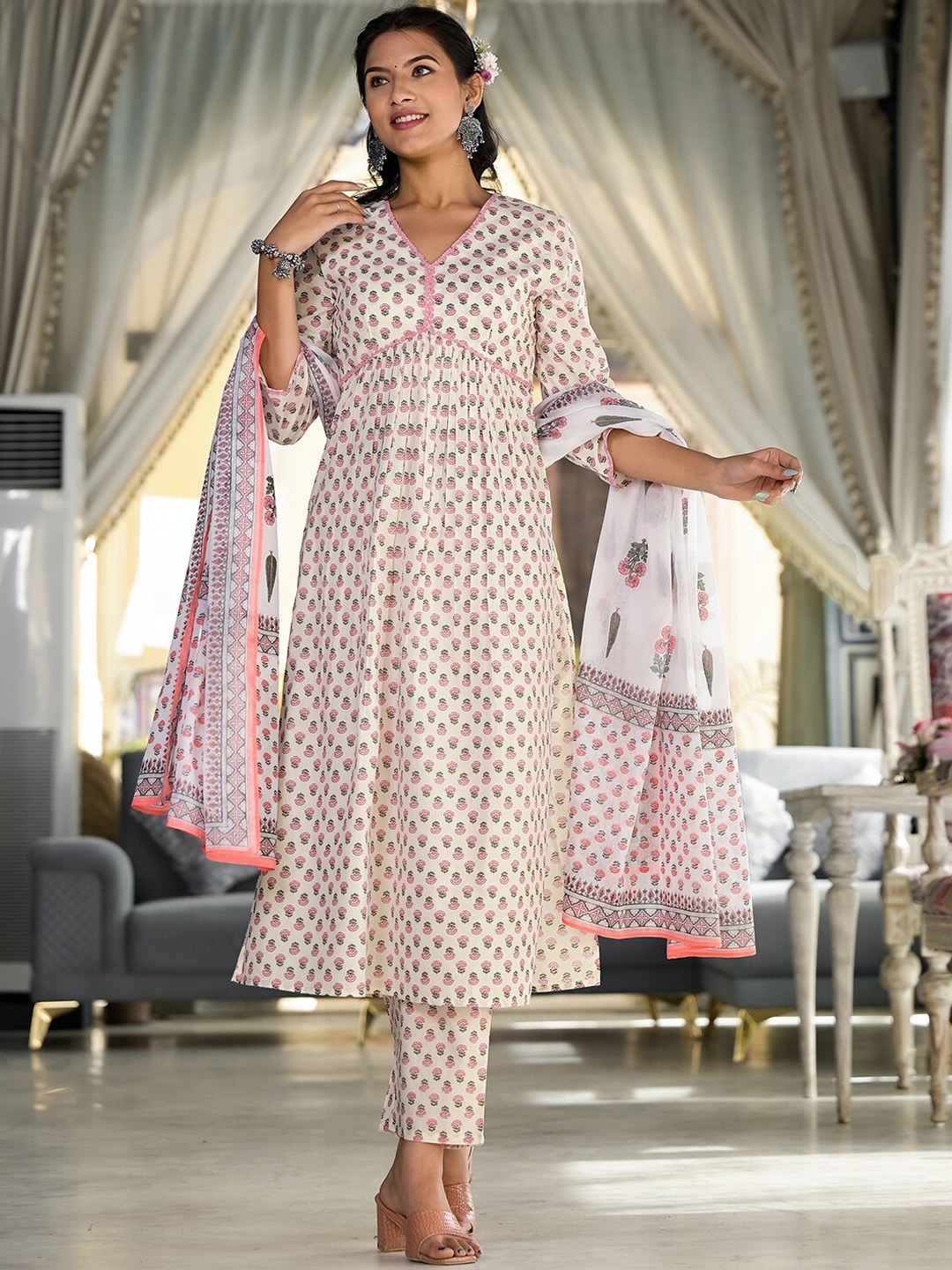 

Vishudh Cream Floral Printed Empire Pure Cotton Kurta with Trouser & Dupatta