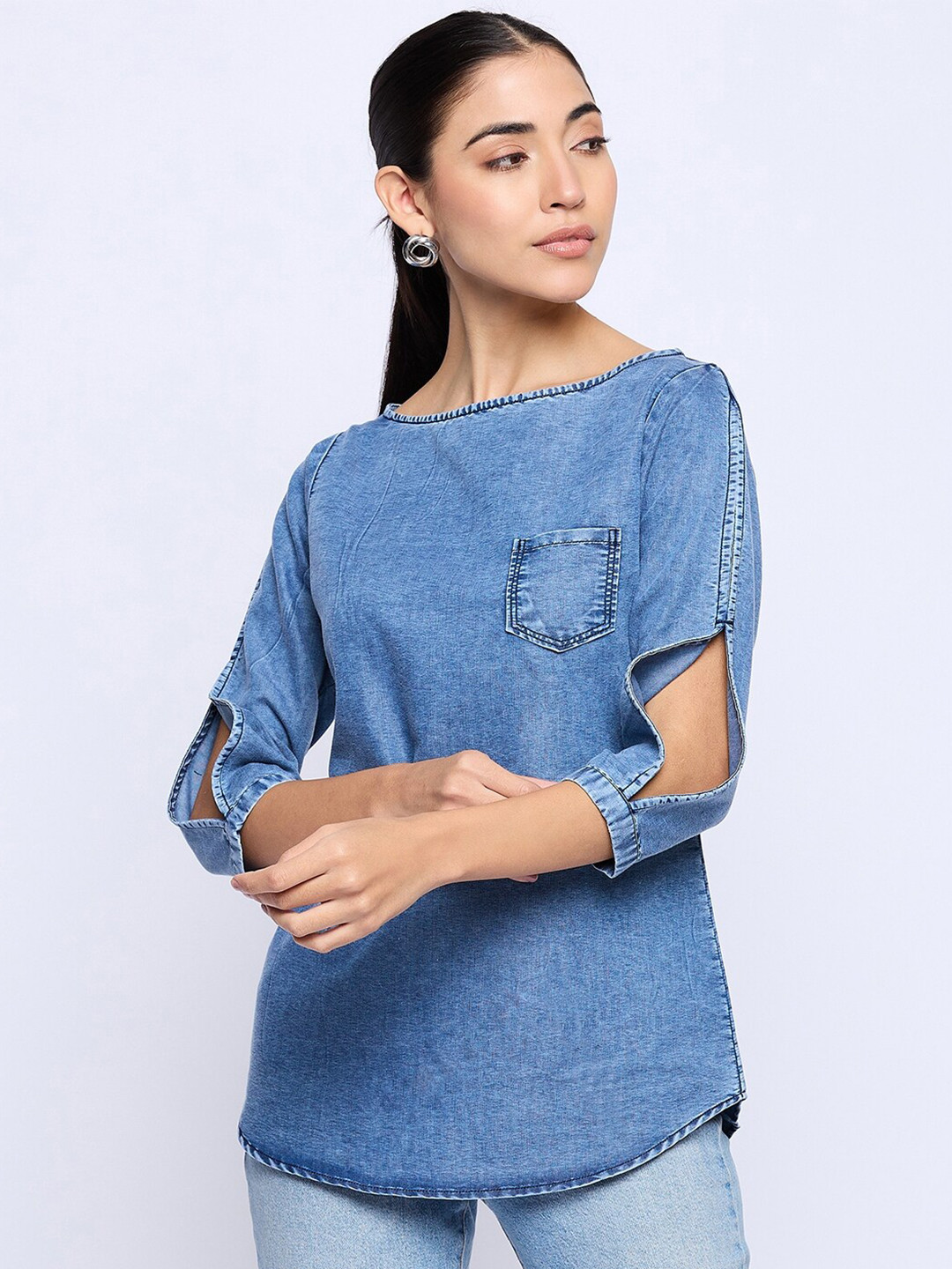 

BAESD Boat Neck Slit Sleeve Denim Top, Blue