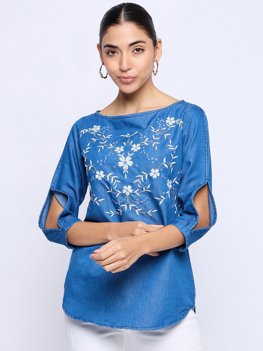 

BAESD Floral Embroidered Boat Neck Slit Sleeve Denim Top, Blue