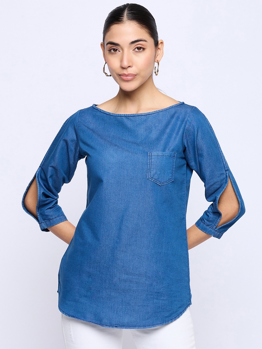 

BAESD Boat Neck Slit Sleeve Denim Top, Blue