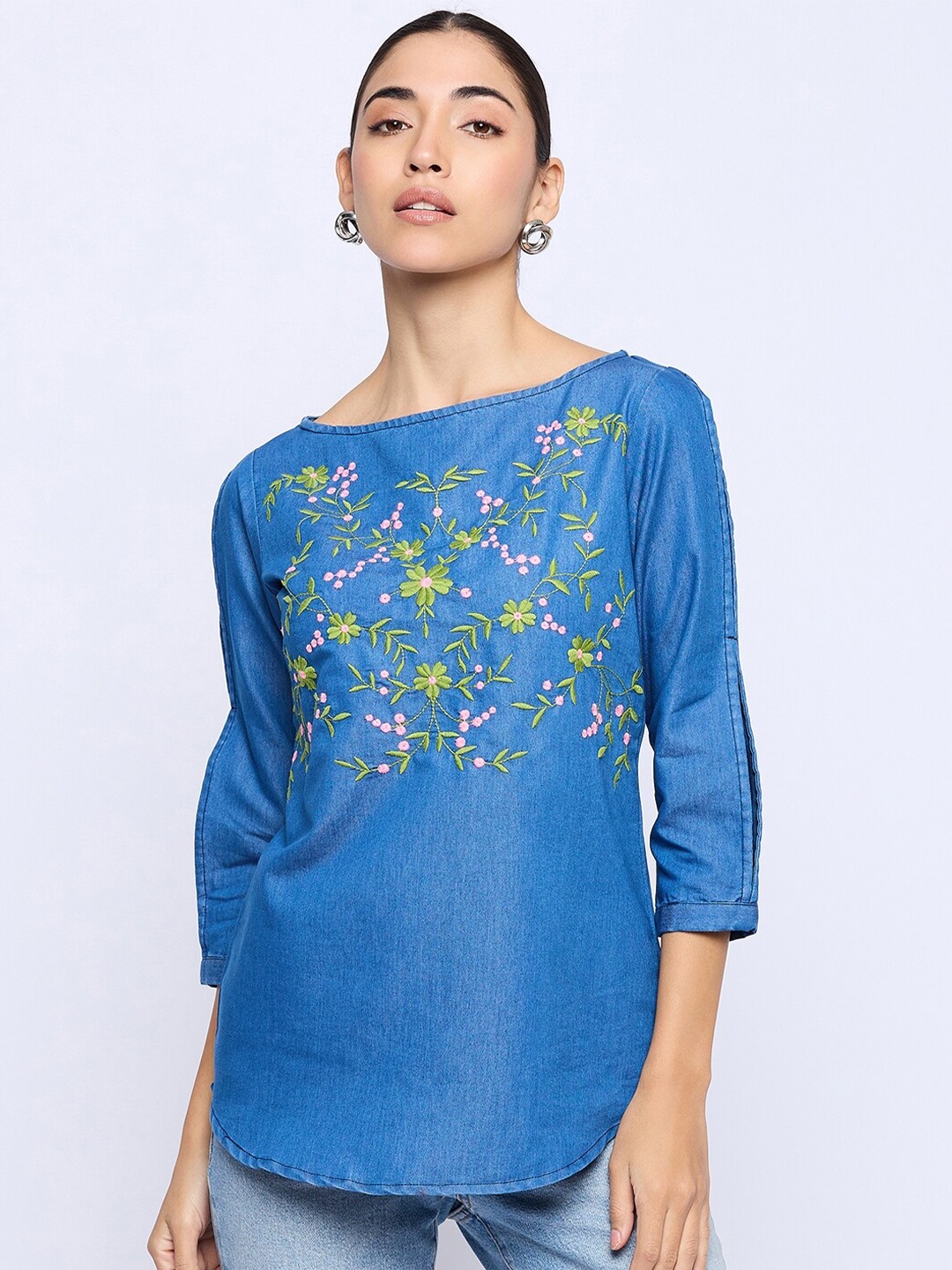 BAESD Floral Embroidered Boat Neck Cold-Shoulder Sleeves Denim Top, Blue