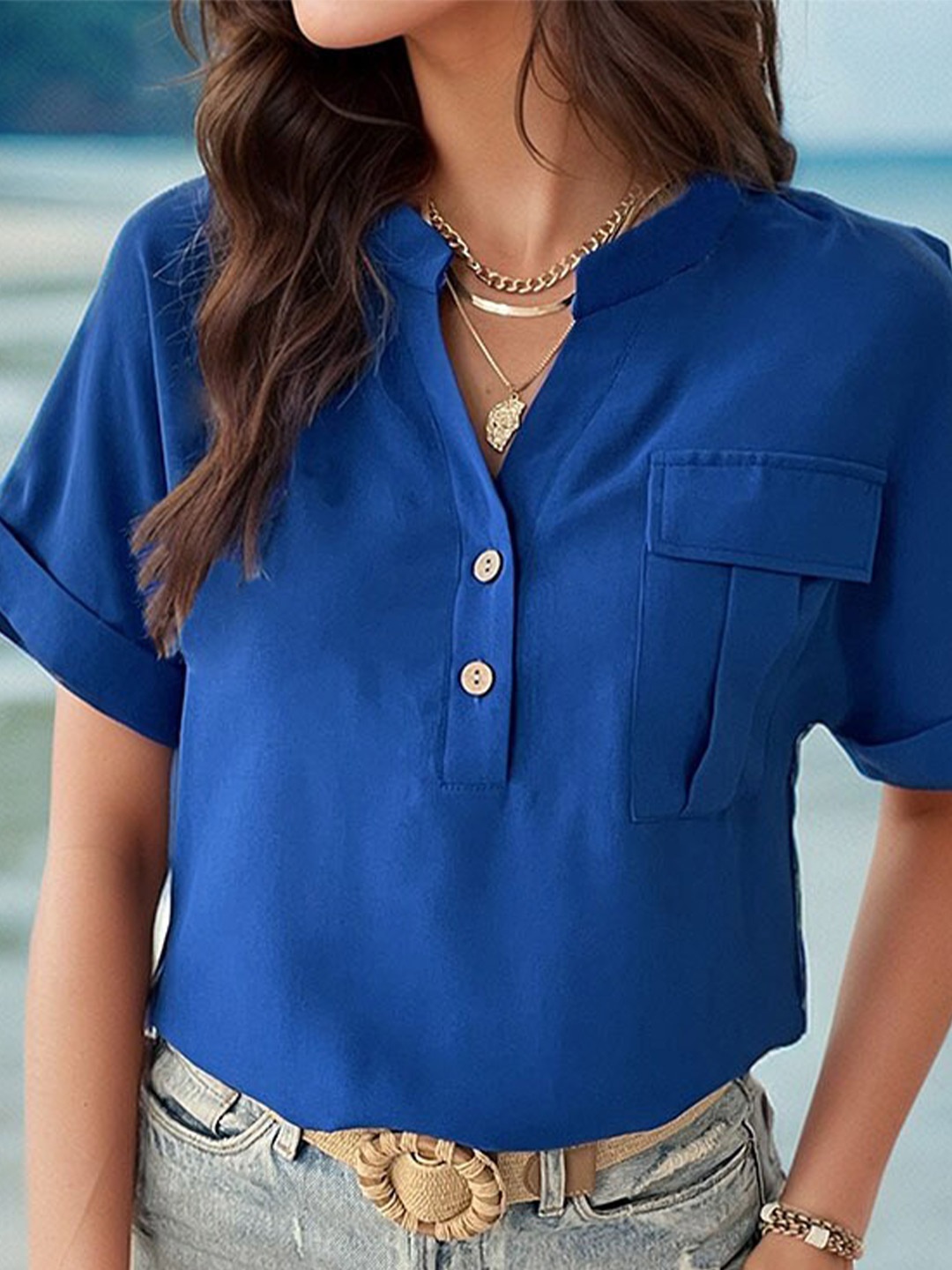 

StyleCast x Revolte Band Collar Extended Sleeves Cotton Shirt Style Top, Blue