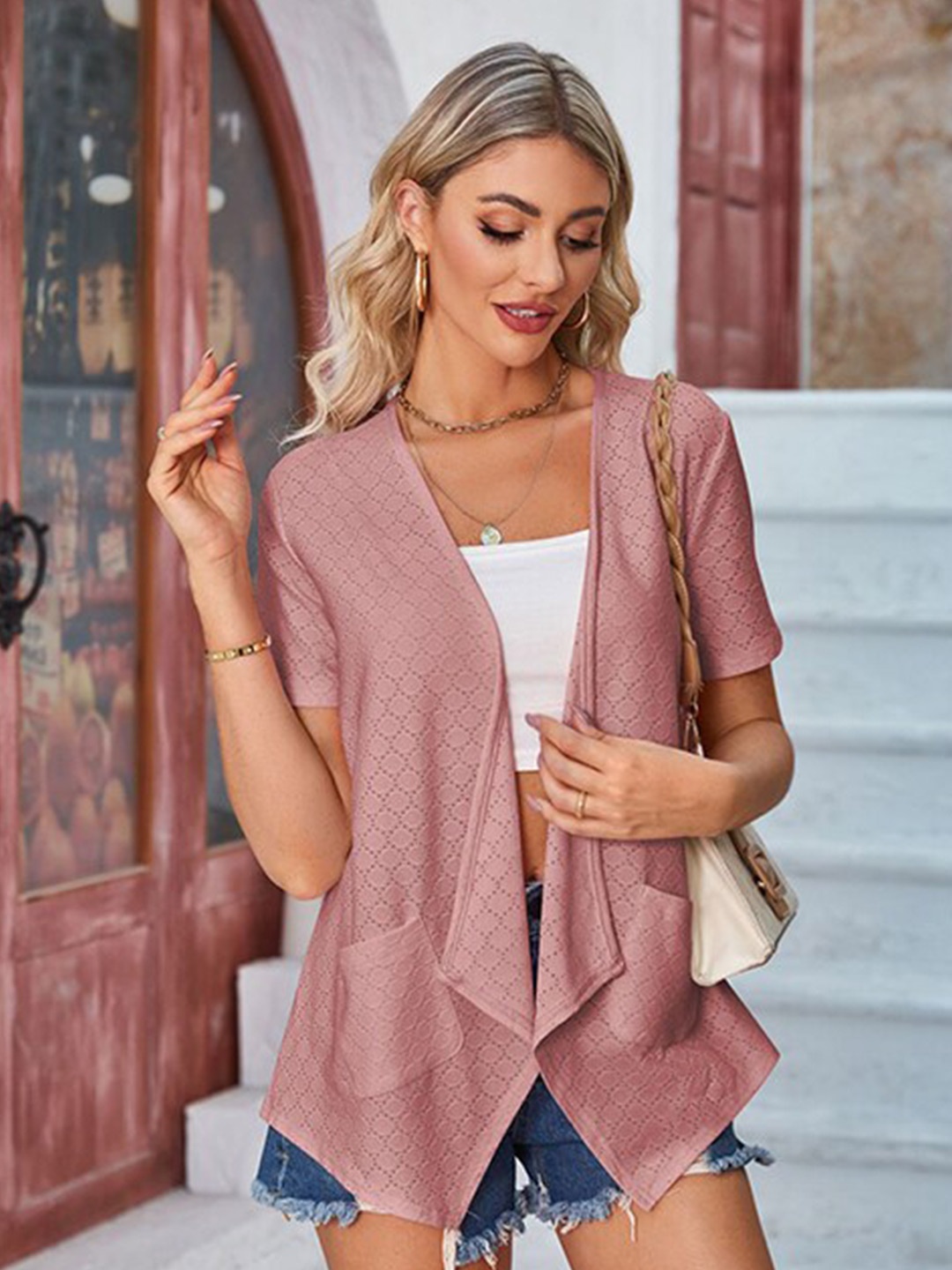 

StyleCast x Revolte Pink Self Design Semi Sheer Crepe Top