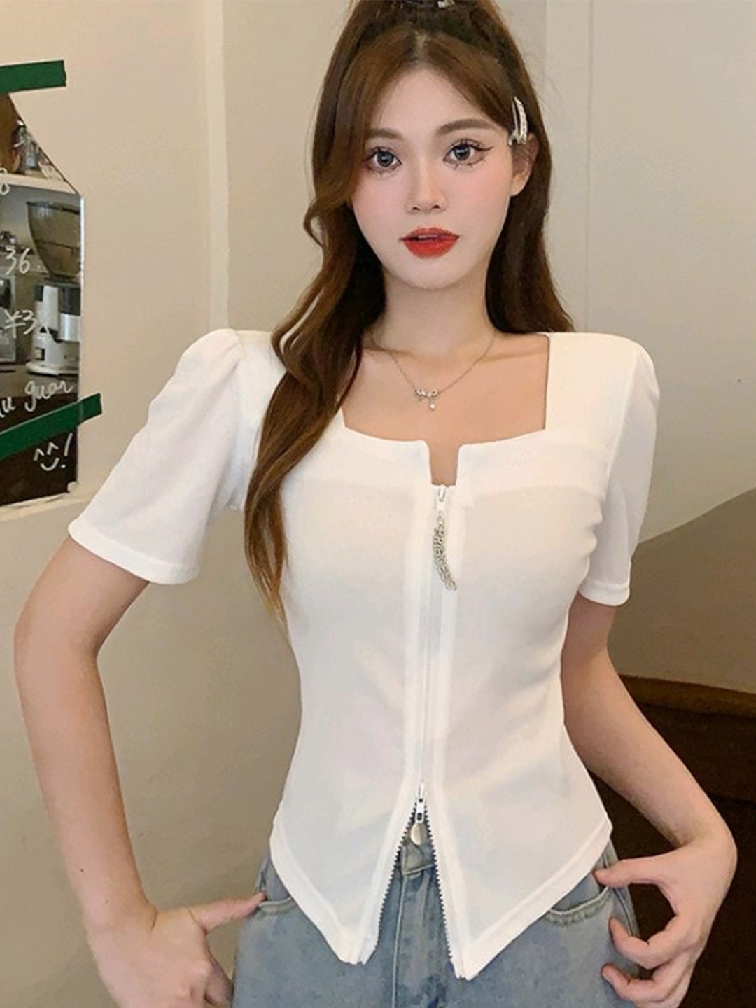 StyleCast x Revolte White Square Neck Short Sleeves Top