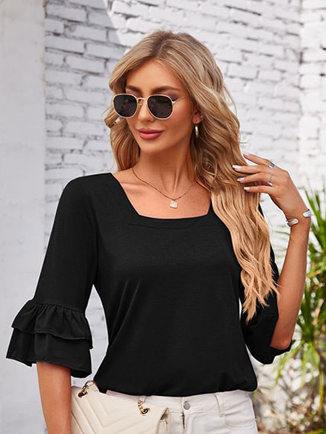 

StyleCast x Revolte Black Square Neck Bell Sleeves Georgette Top