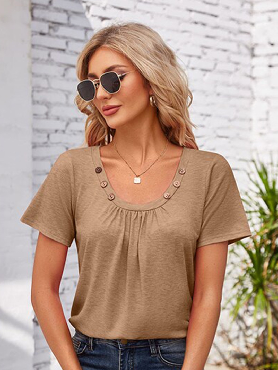

StyleCast x Revolte Round Neck Short Sleeves Casual Top, Brown