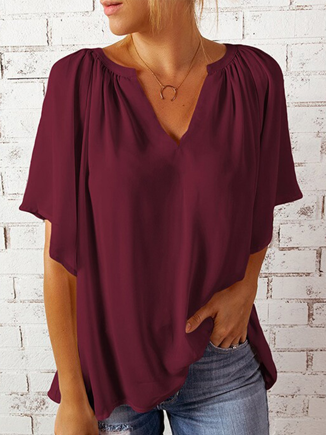 

StyleCast x Revolte V-Neck Kimono Sleeves Gathered Casual Top, Maroon