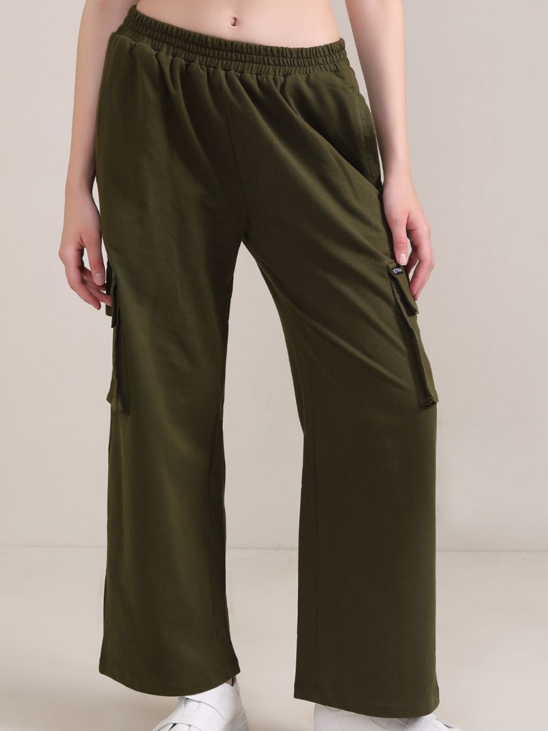 

BOTNIA Women Comfort Straight Fit High-Rise Cotton Cargo Trouser, Olive