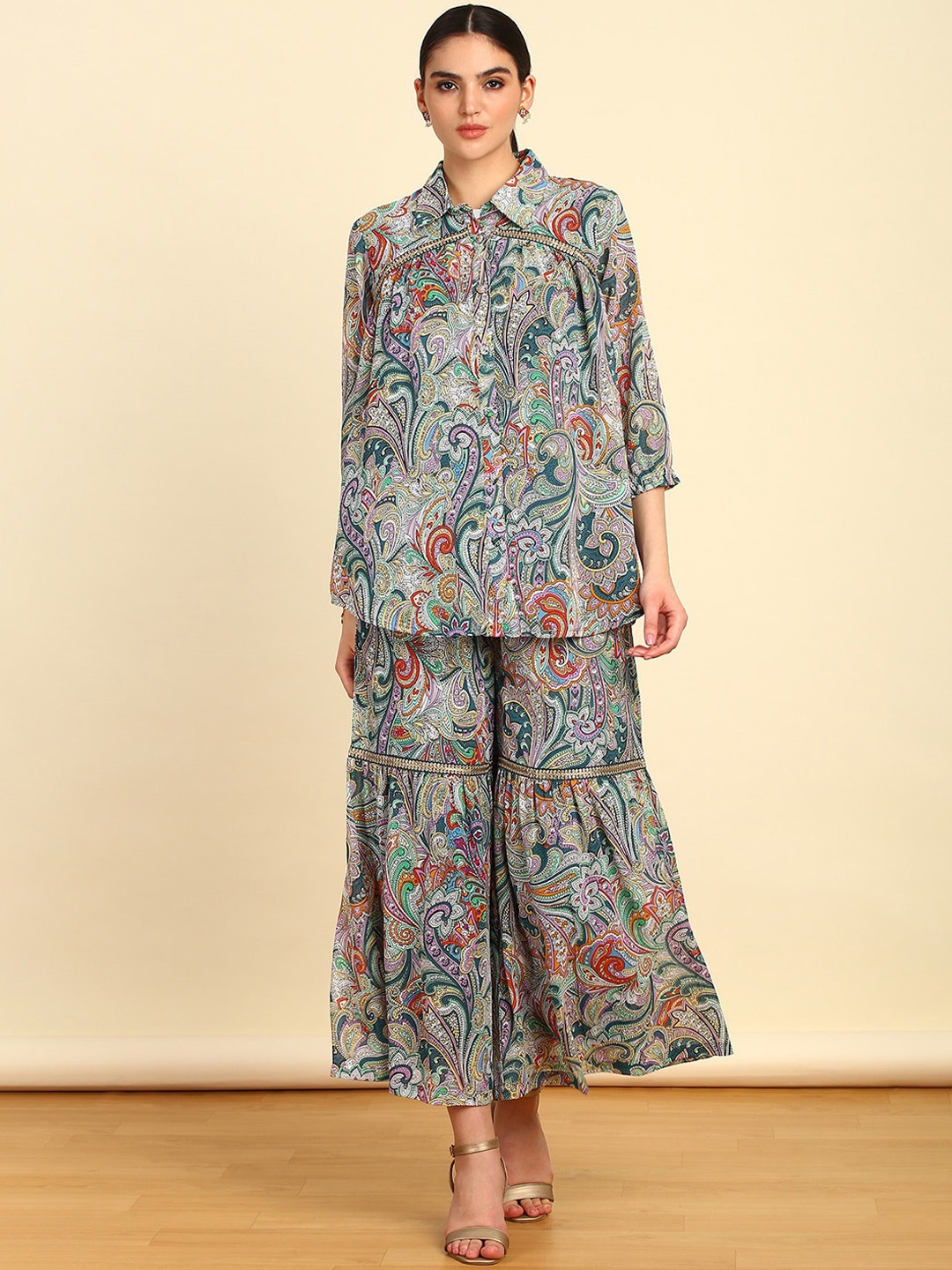 

Soch Ethnic Motifs Printed Empire Kurta with Sharara, Teal