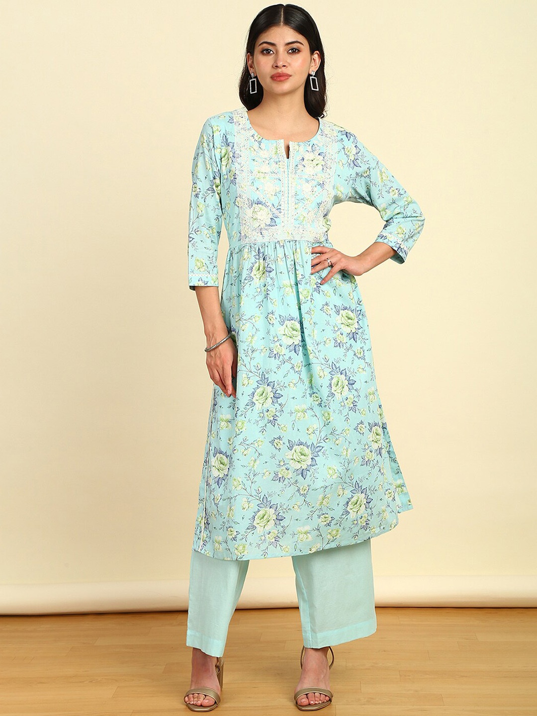 

Soch Women Floral Printed Pleated Thread Work Pure Cotton Kurta with Palazzos & With Dupatta, Turquoise blue