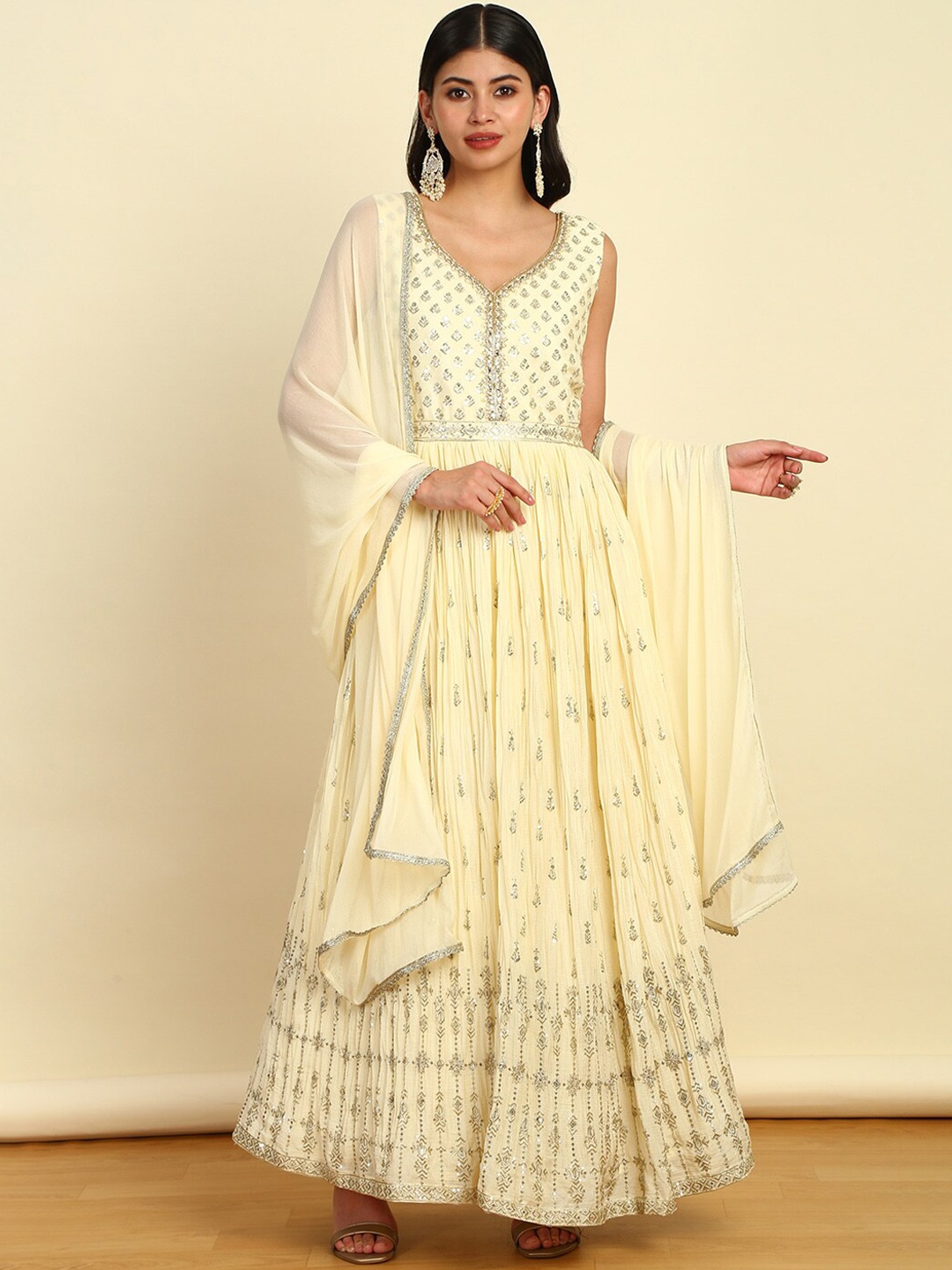 Soch Embroidered Pleated Sequinned Kurta with Churidar & Dupatta, Cream