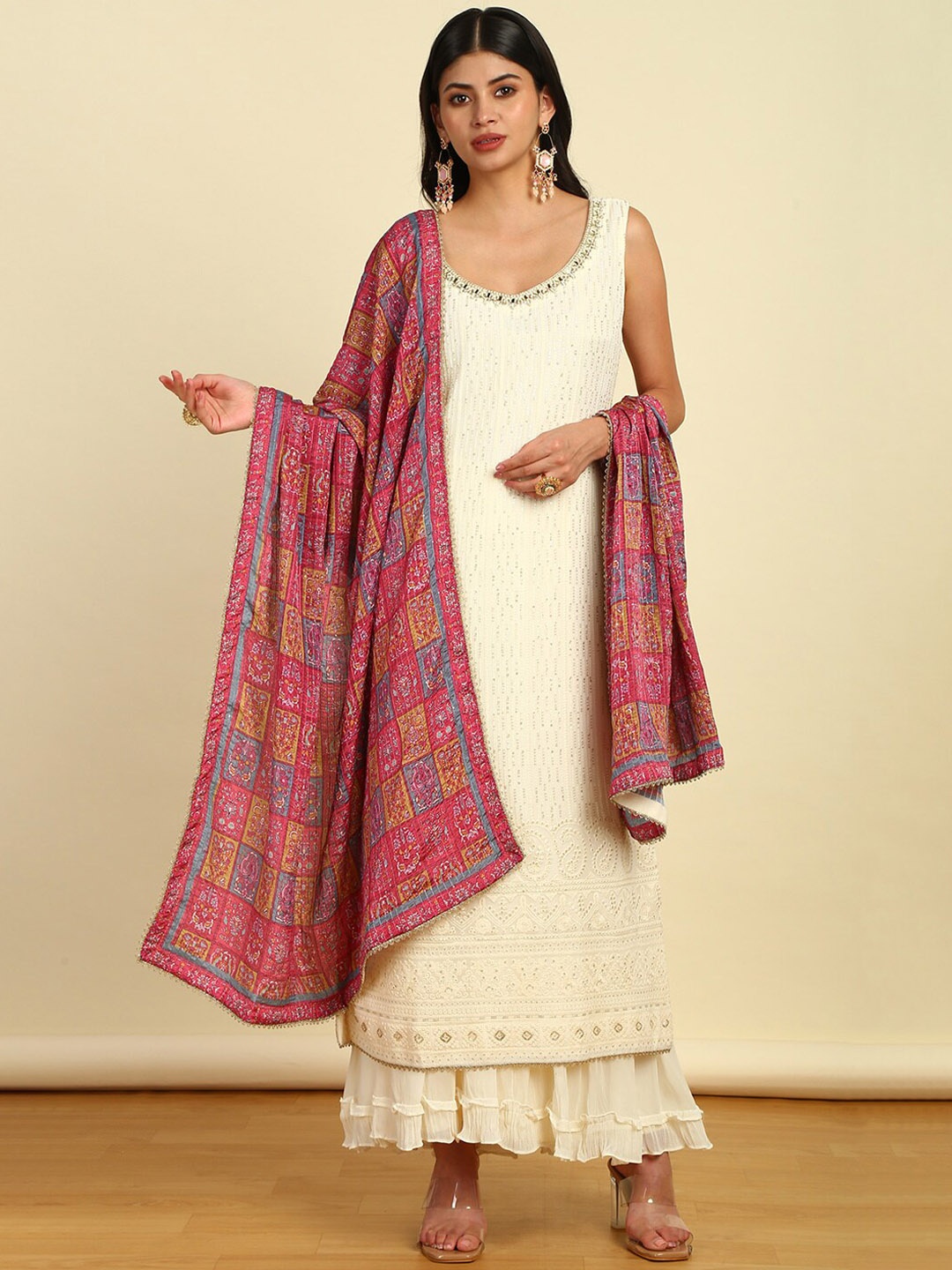 

Soch Floral Sequinned Regular Mirror Work Kurta with Palazzo & Dupatta, Off white