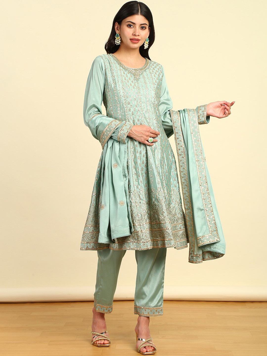 

Soch Women Ethnic Motifs Embroidered Regular Sequinned Kurta with Trousers & With Dupatta, Green