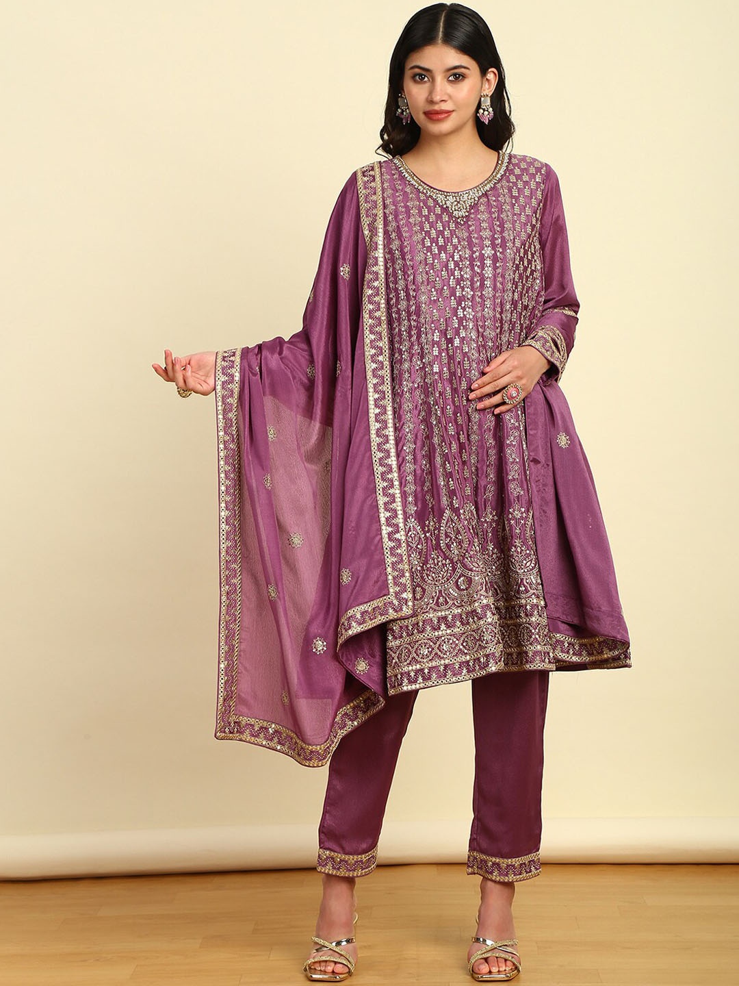 

Soch Women Floral Embroidered Angrakha Sequinned Kurta with Trousers & With Dupatta, Purple