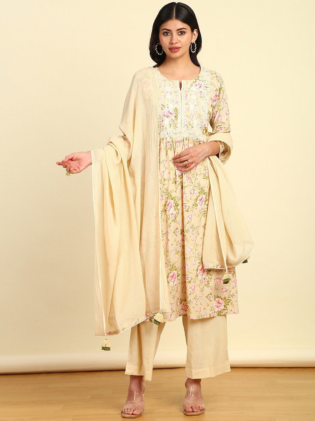 Soch Floral Printed Pleated Thread Work Kurta with Palazzo & Dupatta, Beige