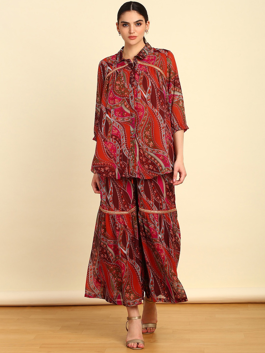 

Soch Printed Shirt Collar Neck Shirt & Flared Palazzo Co-Ord Set, Fuchsia