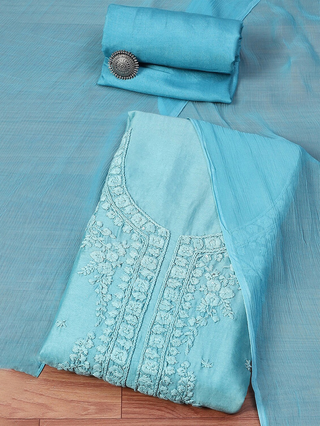 

Biba Floral Embroidered Unstitched Dress Material, Blue