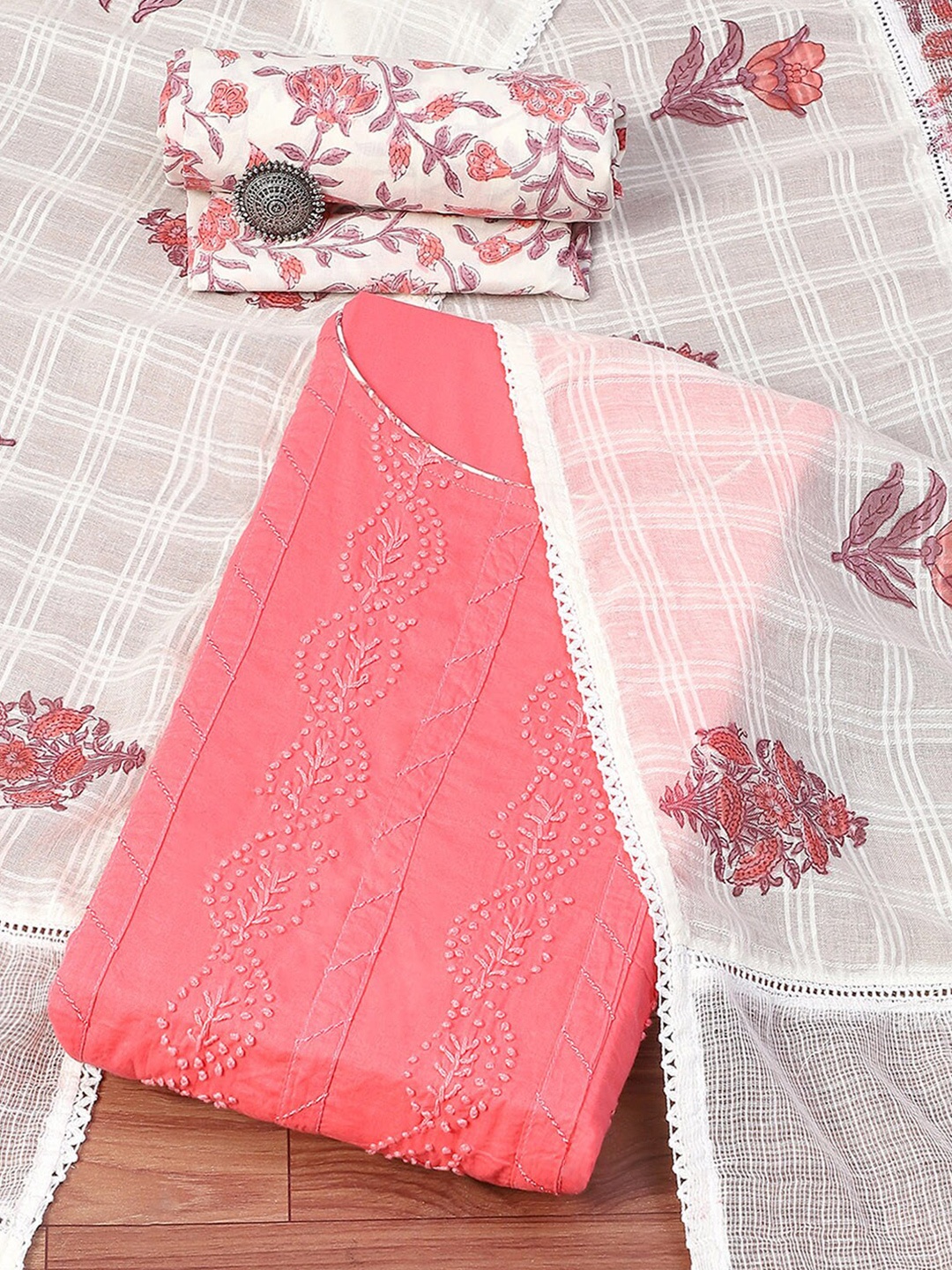 

Biba Floral Embroidered Pure Cotton Unstitched Dress Material, Pink