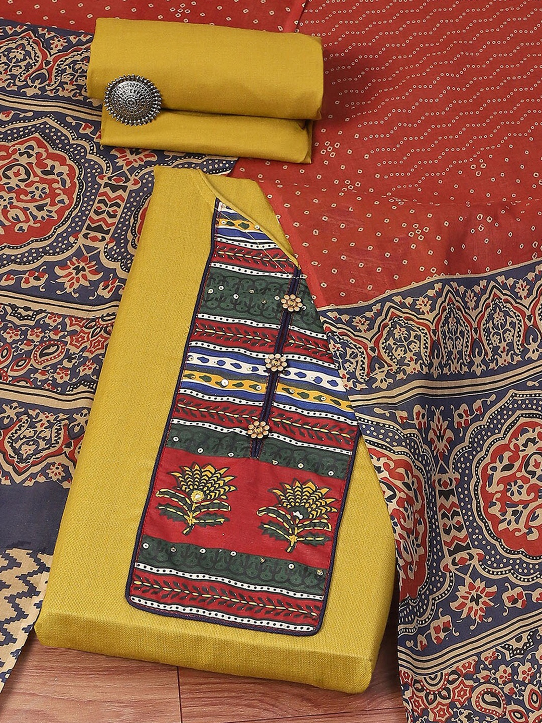 

Biba Floral Embroidered Pure Cotton Unstitched Dress Material, Mustard