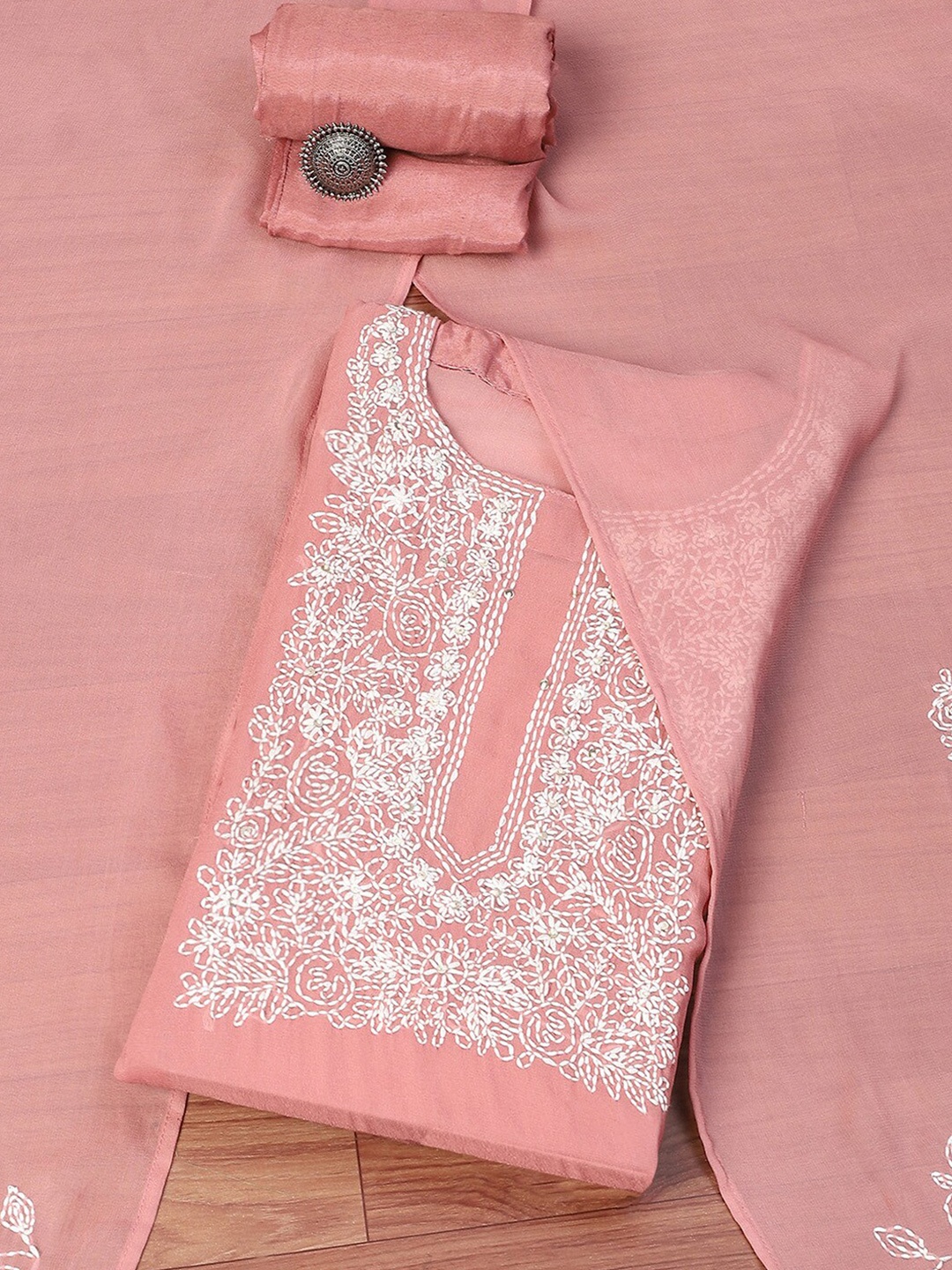 

Biba Floral Embroidered Unstitched Dress Material, Peach