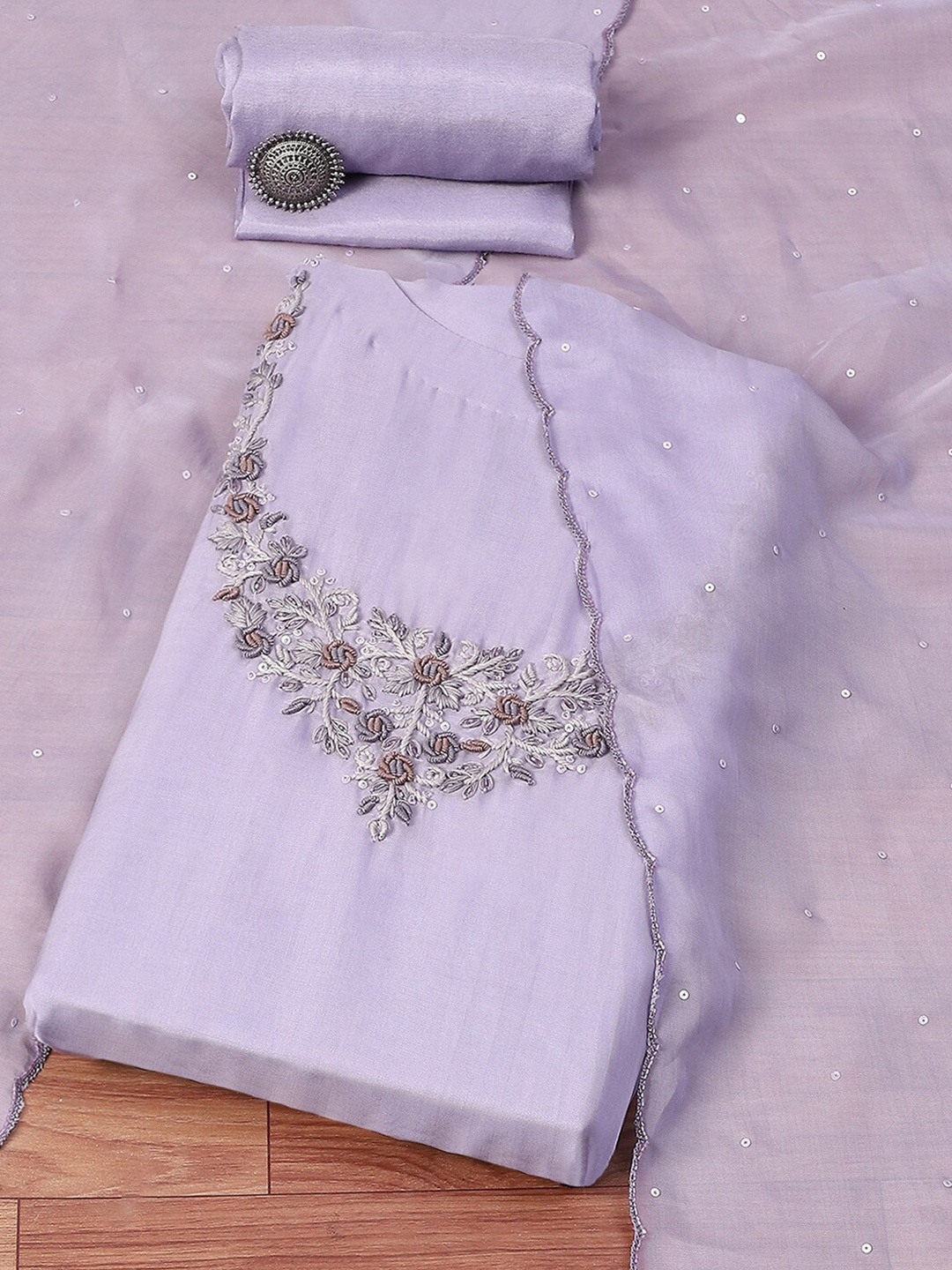 

Biba Floral Embroidered Organza Unstitched Dress Material, Purple