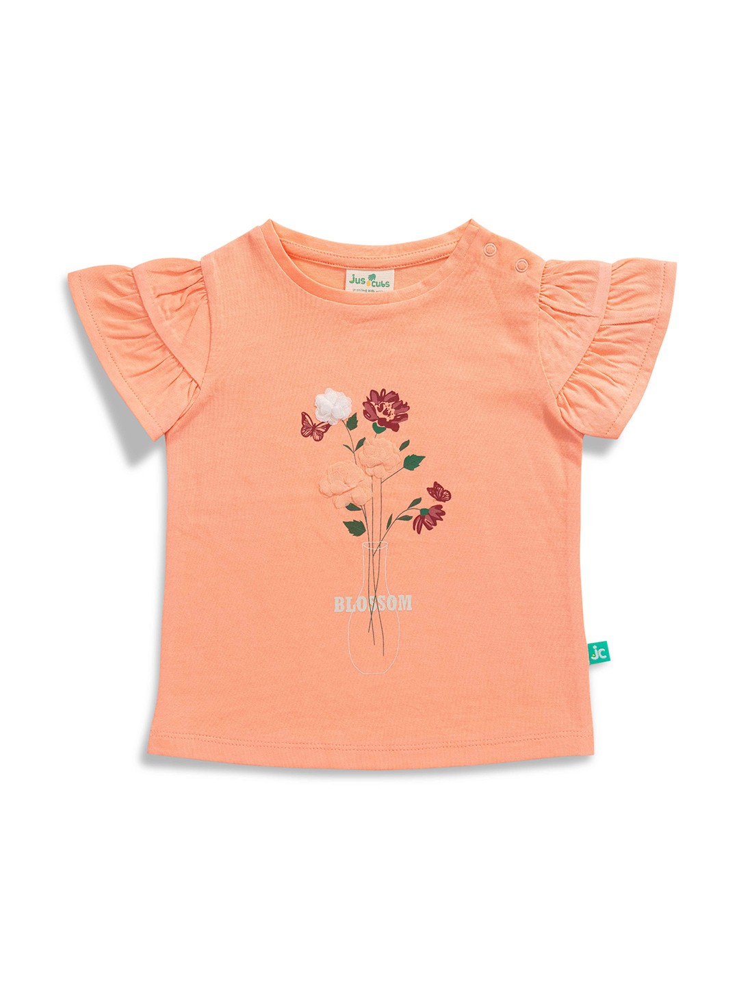 

JusCubs Girls Round Neck Floral Embroidered Flared Sleeve Cotton Top, Peach