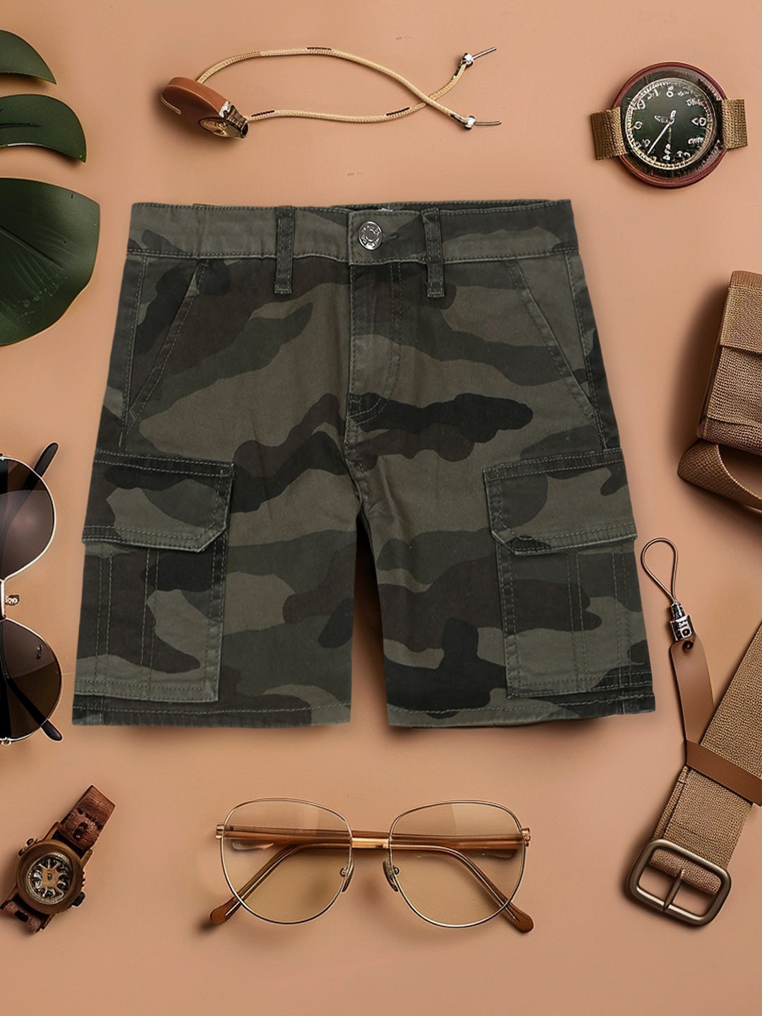 

INCLUD Boys Camouflage Printed Cotton Cargo Shorts, Green