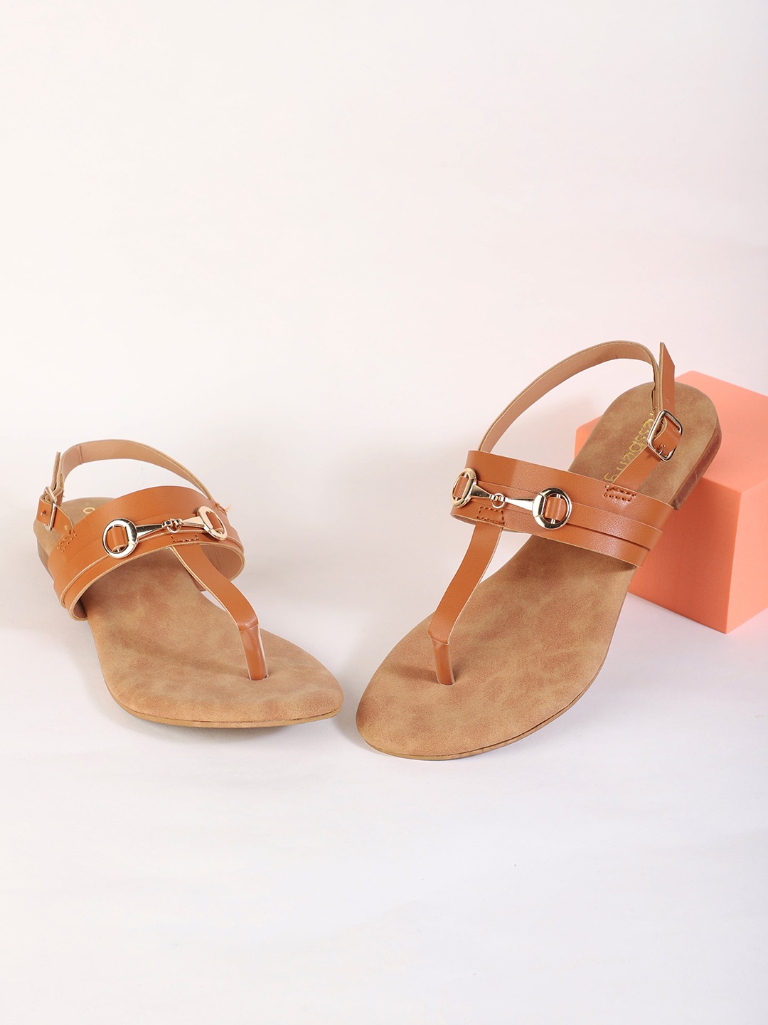 

DressBerry Tan Brown Open Toe T-Strap Flats