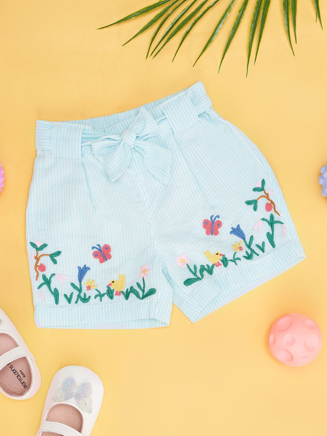 Pantaloons Baby Girls Striped Pure Cotton Shorts, Turquoise blue