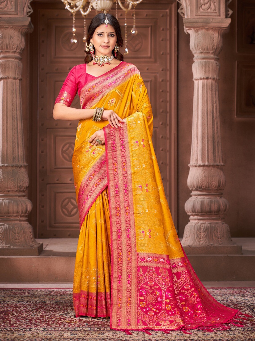 

IndianRang Ethnic Motifs Woven Design Zari Pure Silk Mysore Silk Saree, Yellow
