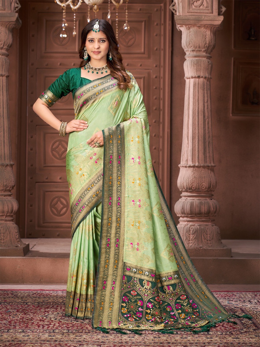 

IndianRang Ethnic Motifs Woven Design Zari Pure Silk Mysore Silk Saree, Green