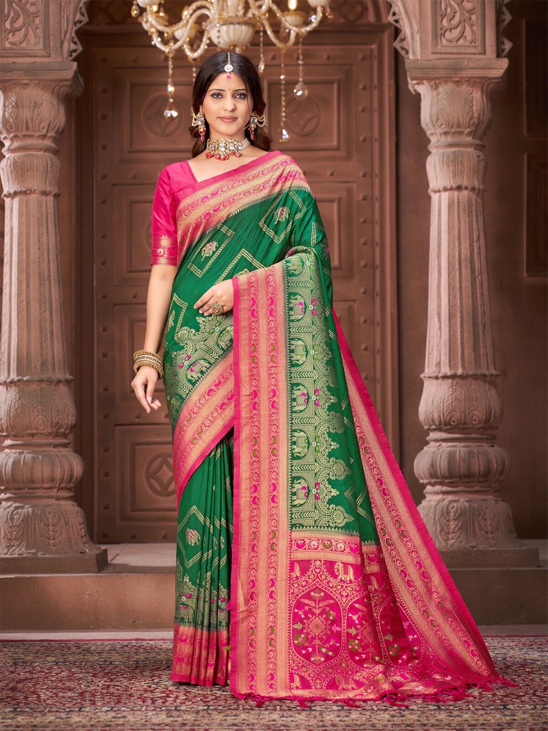 

IndianRang Ethnic Motifs Woven Design Zari Pure Silk Mysore Silk Saree, Green