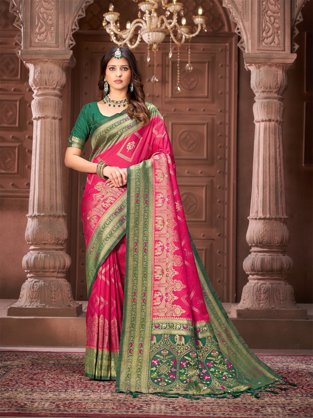 

IndianRang Woven Design Pure Silk Zari Saree, Pink