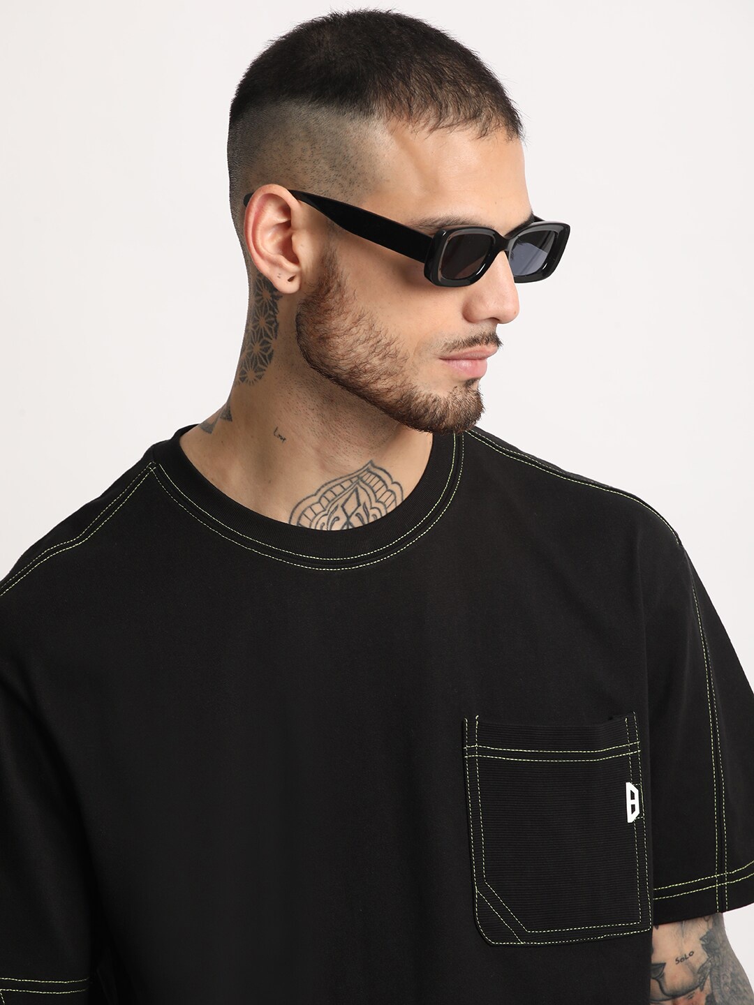 THE BEAR HOUSE Round Neck Cotton Relaxed Fit T-shirt, Black