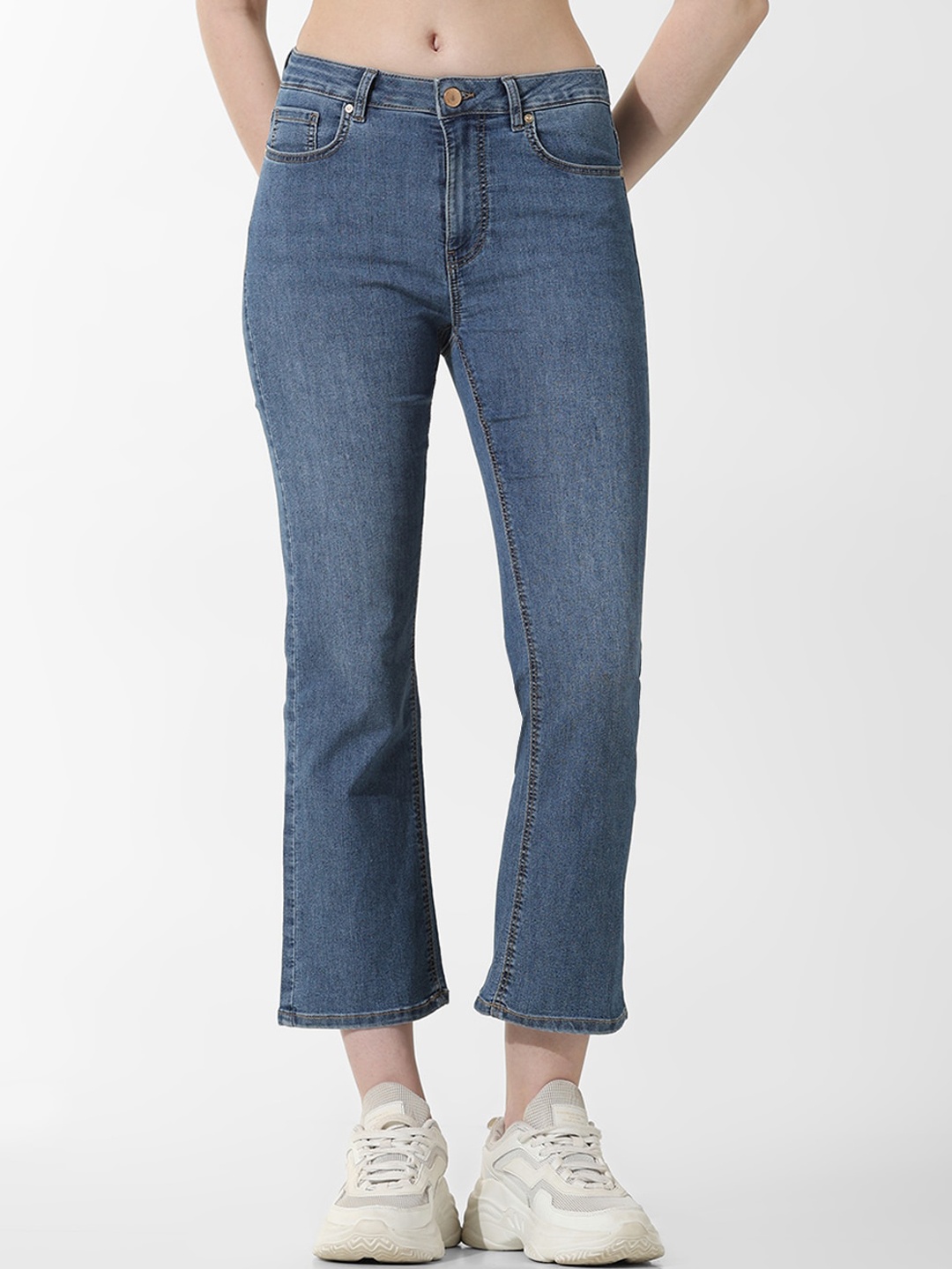 ONLY Women High Rise Cropped Flared Jeans, Blue