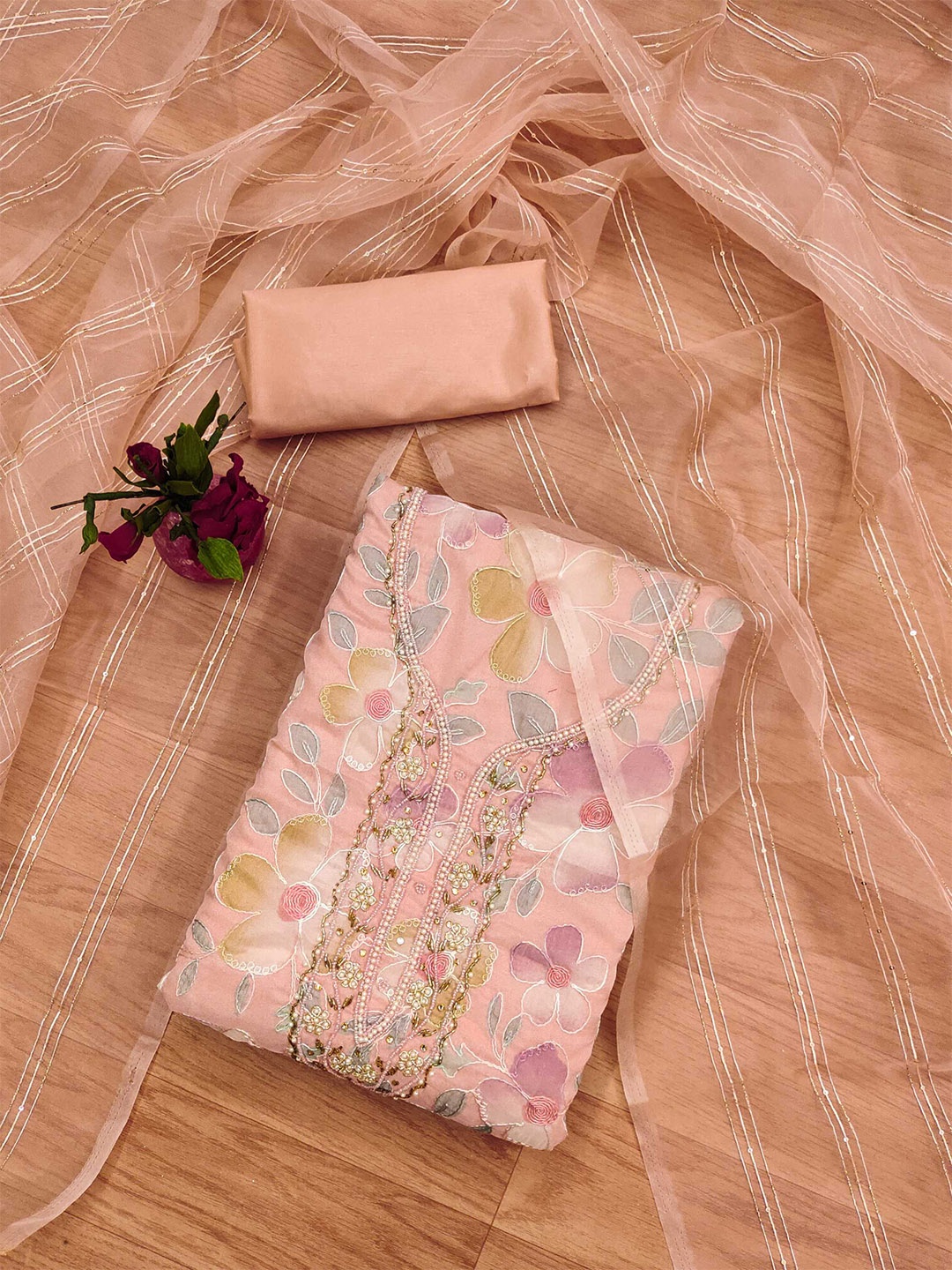 KALINI Floral Embellished Organza Unstitched Dress Material, Peach