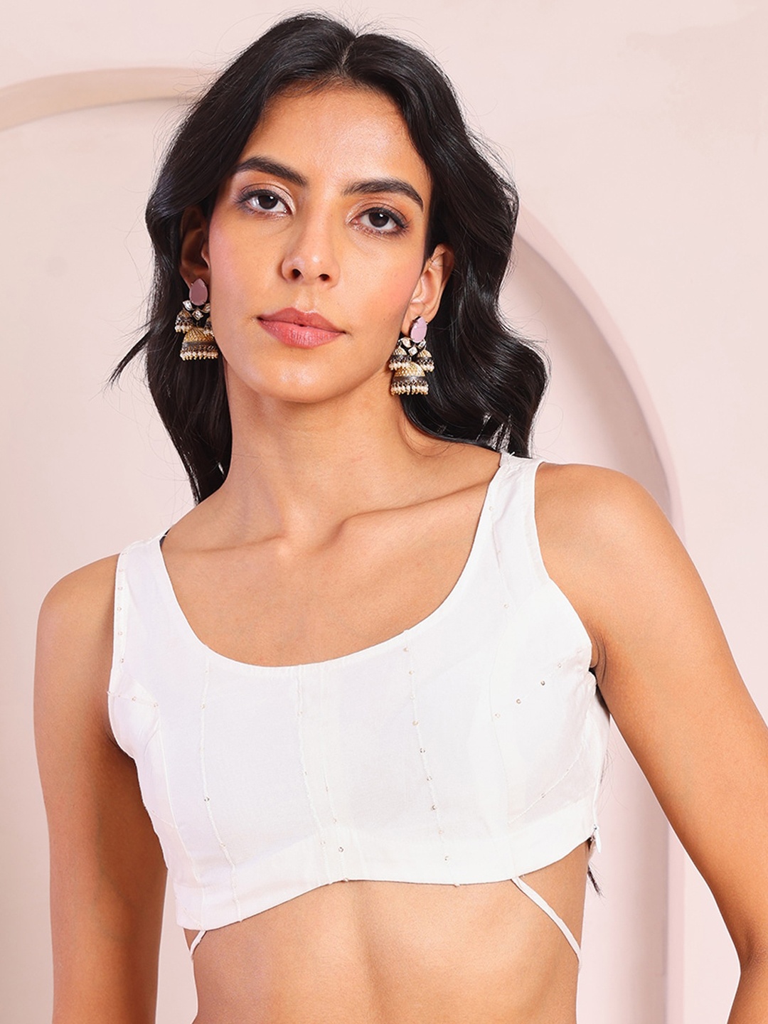 

Saaki Embroidered Sequined Silk Saree Blouse, White