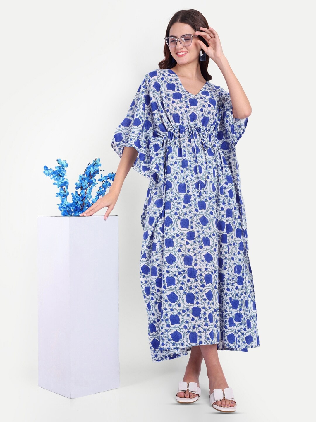 

Bohekant Printed Pure Cotton Kaftan Nightdress, White